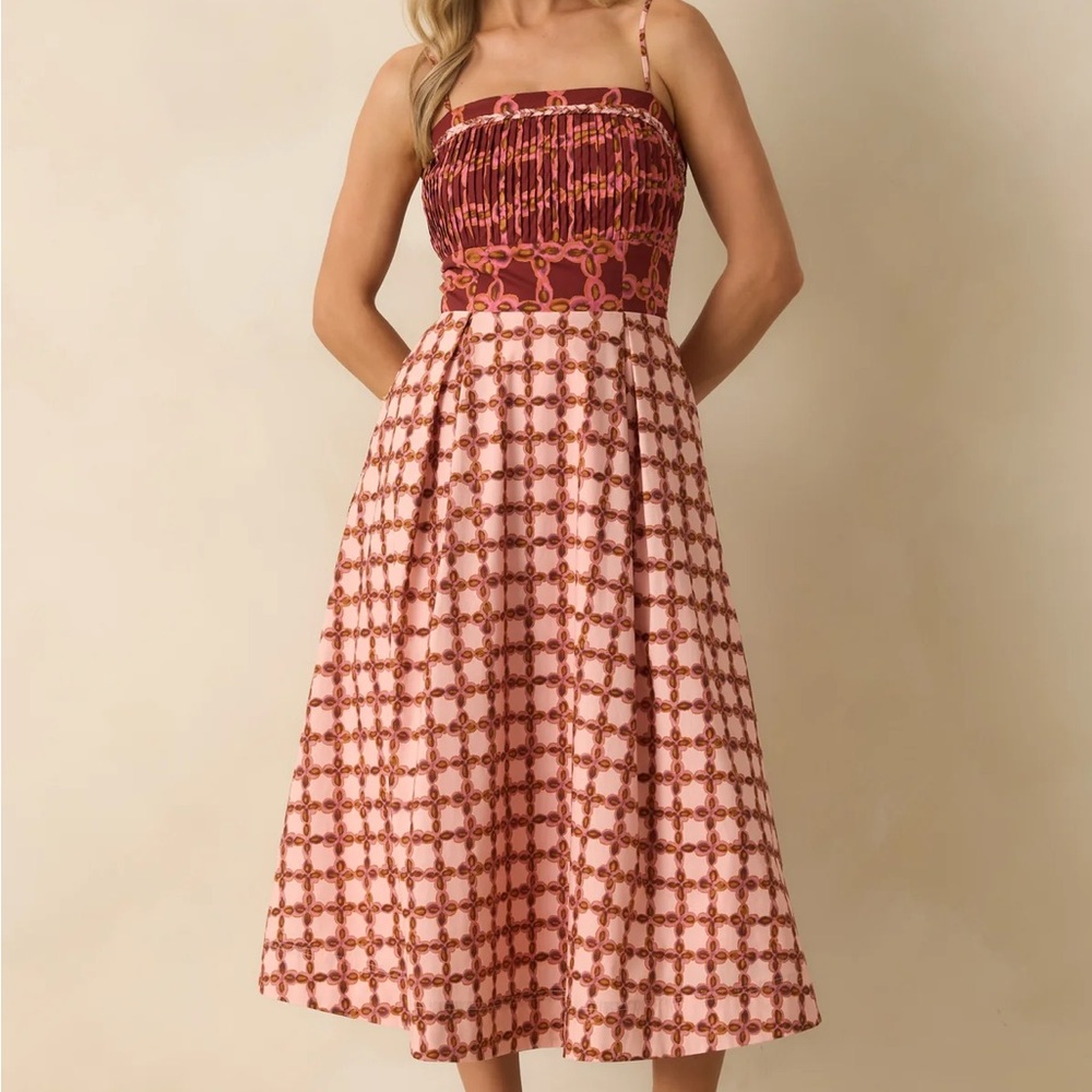 Smocked Bodice Pink Patterned Midi Dress from Red Dress - Picture 5 of 13